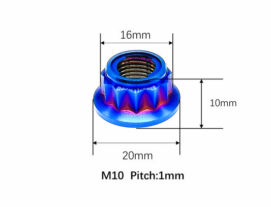 Titanium Nut M10 Bi-Hex/12point Flange Metal Lock nut for Bike Motorcycle Car,disc brake,Braking system,Pitch 1/1.25/1.5mm,by Tianswer