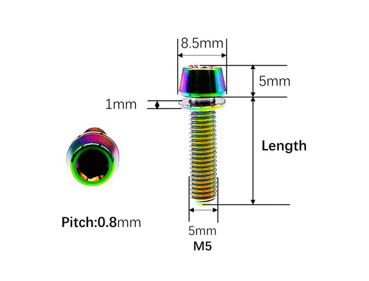 Titanium Bolt M5x16 18 20mm Hex socket cap screw with tapered head and Anti-fall off Ti Washer for Bike,Pitch 0.8mm, by Tianswer