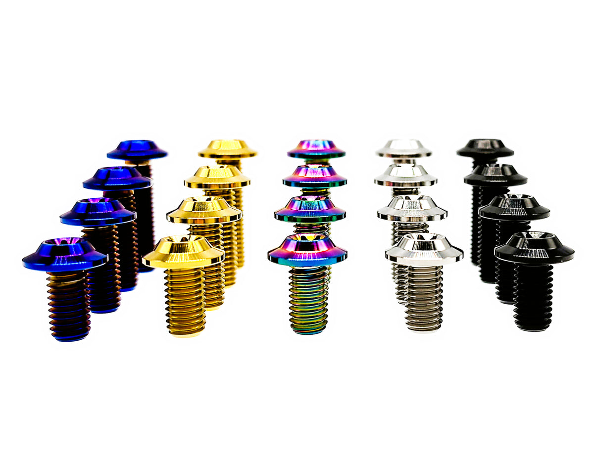 Titanium M8 umbrella disc head Torx bolts in blue, gold, rainbow, natural and black rows