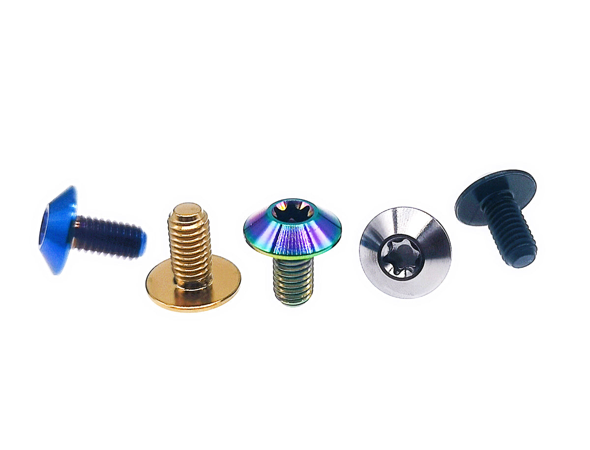 Five titanium M5 umbrella head Torx screws, one in each anodized finish