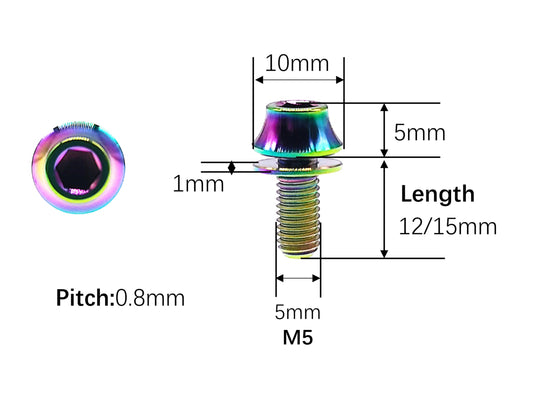 M5 titanium bolt dimensions, 10mm flared head, 12 and 15mm lengths