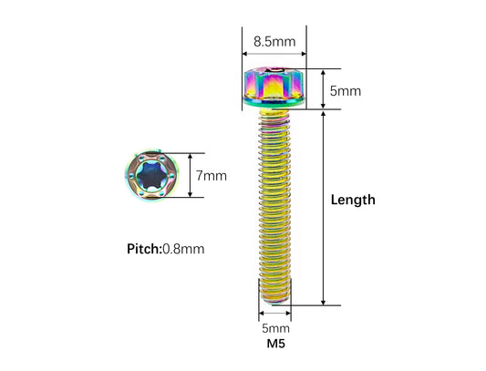 M5 titanium flange bolt dimensions, 8.5mm head and 0.8mm thread pitch