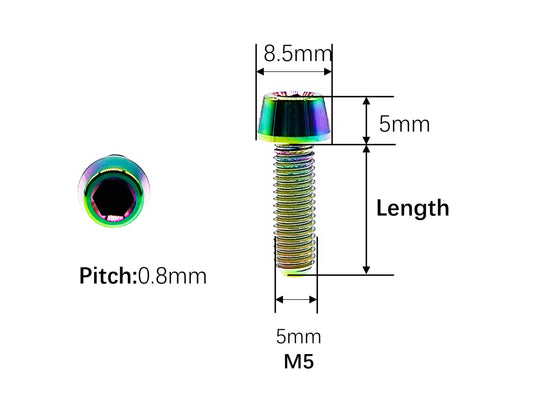 M5 titanium tapered head socket cap bolt dimensions, 8.5mm head and 0.8mm pitch