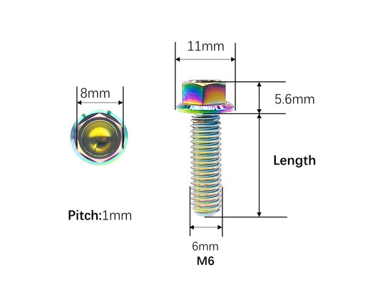 M6 titanium flange bolt dimensions, 11mm head and 1mm thread pitch