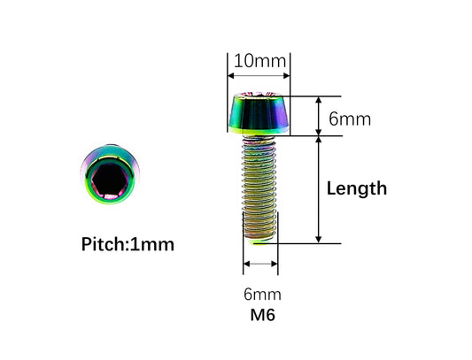 M6 titanium tapered head bolt dimensions, 10mm head and 1mm thread pitch