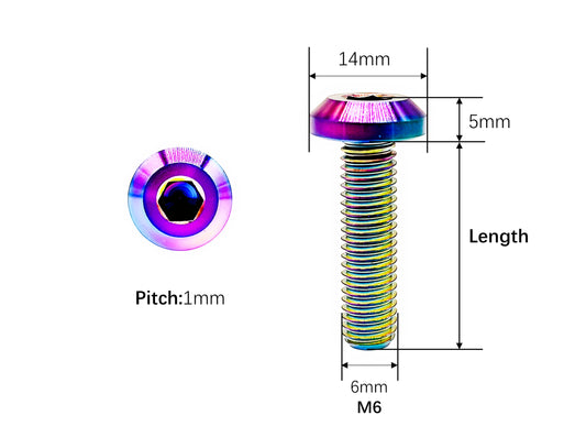 M6 titanium umbrella head bolt dimensions, 14mm head, 5mm height and 1mm thread pitch