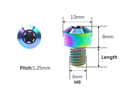 M8 titanium Torx bolt dimensions, 13mm head and 1.25mm thread pitch