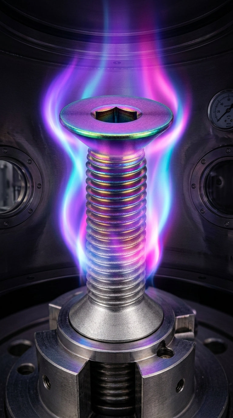 Rainbow anodized titanium countersunk bolt in a vacuum chamber with coloured plasma glow