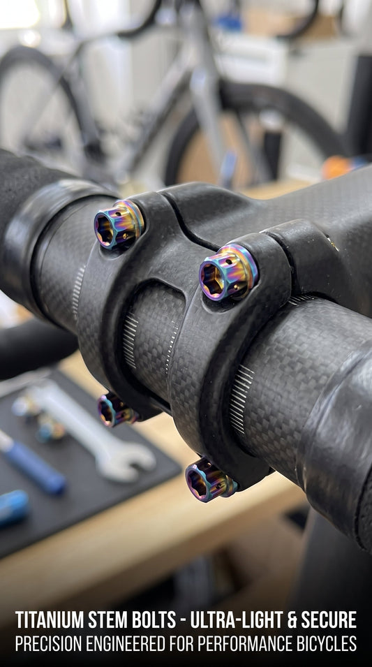 Grade 5 Ti-6Al-4V titanium flange head bolt on bicycle stem cockpit with carbon fiber spacer