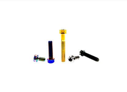Five titanium M10 CNC flange Torx head bolts, one in each anodized finish
