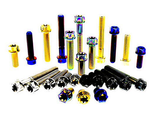 Titanium M10 CNC flange Torx bolts standing behind rows of heads facing forward