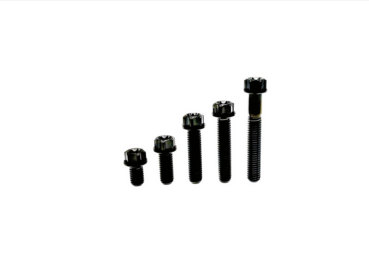 Black anodized titanium M10 CNC flange Torx head bolts in five ascending lengths