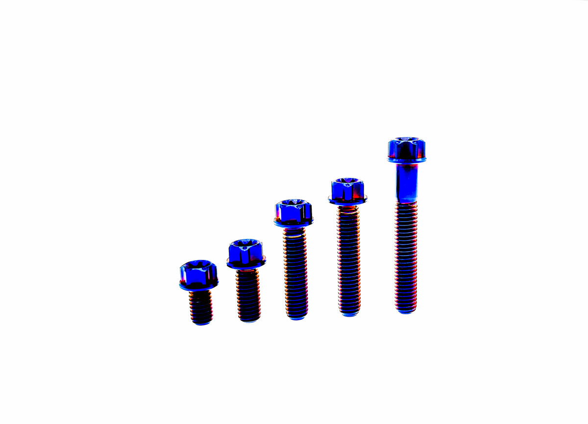Burn Blue titanium M10 CNC flange Torx head bolts stepped through five lengths