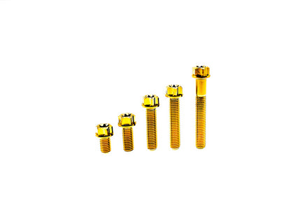 Gold anodized titanium M10 CNC flange Torx head bolts lined up from short to long
