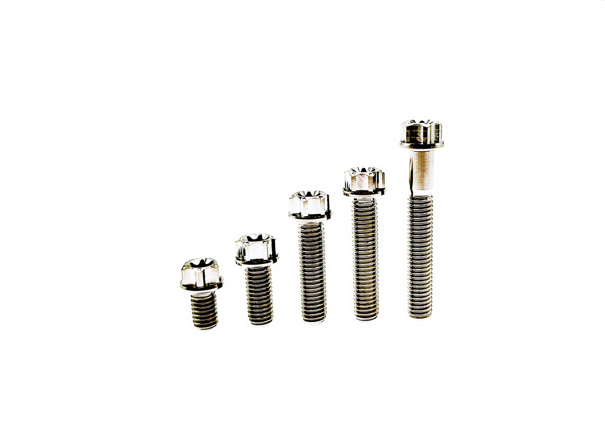 Natural titanium M10 CNC flange Torx head bolts in five graduated lengths