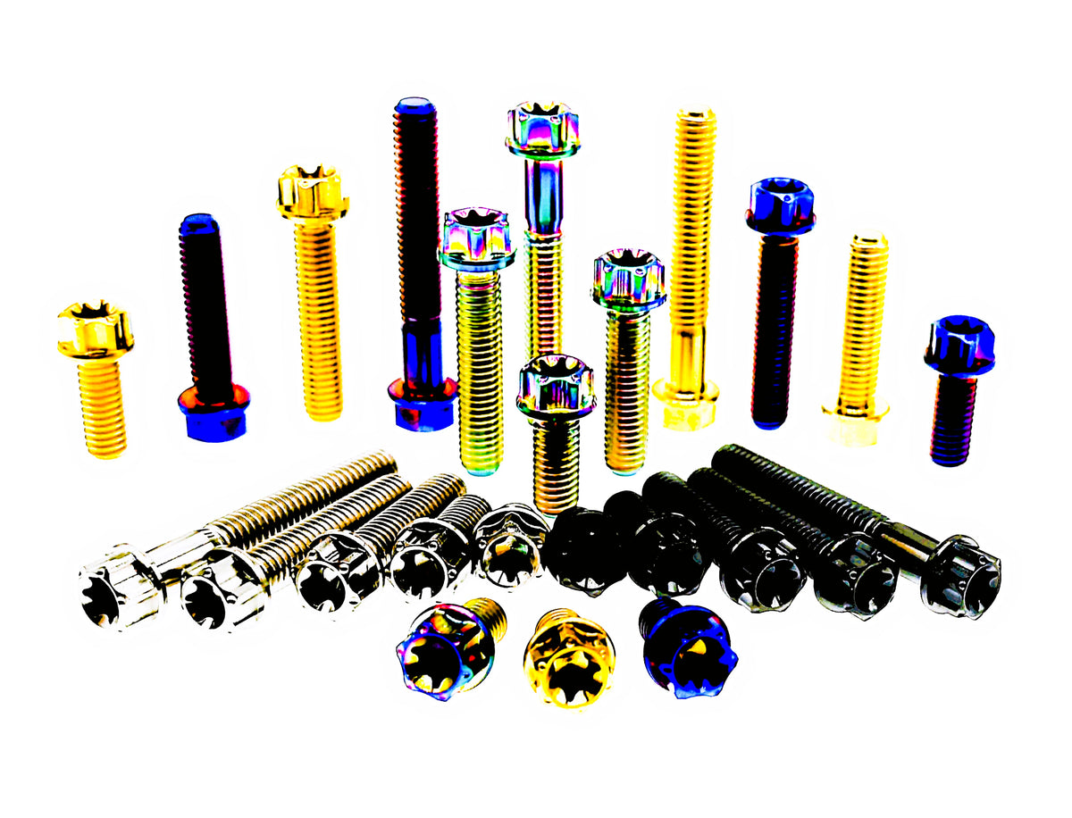 Titanium M10 CNC flange Torx bolts standing behind rows of heads facing forward