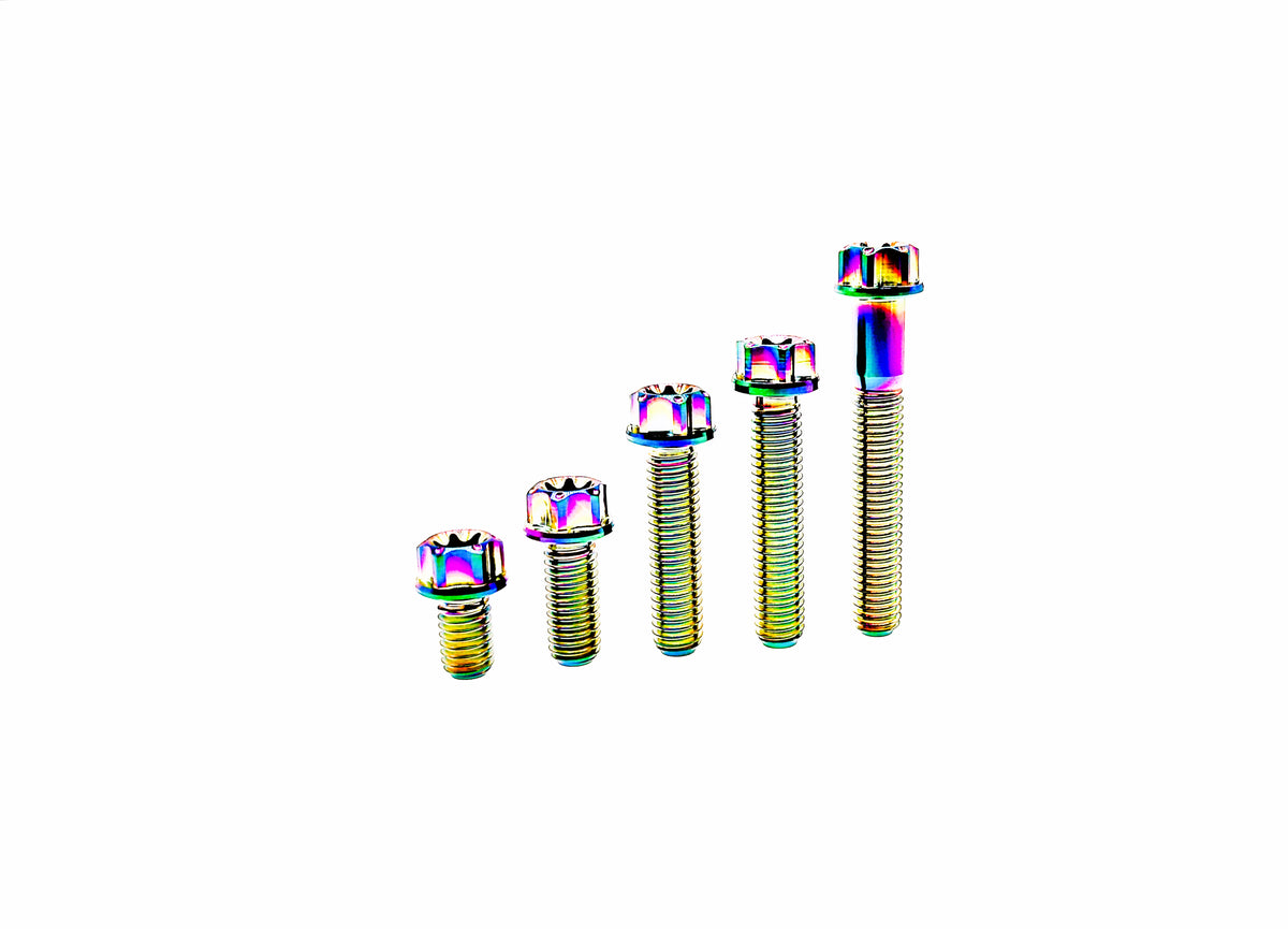 Rainbow anodized titanium M10 CNC flange Torx head bolts in five increasing lengths