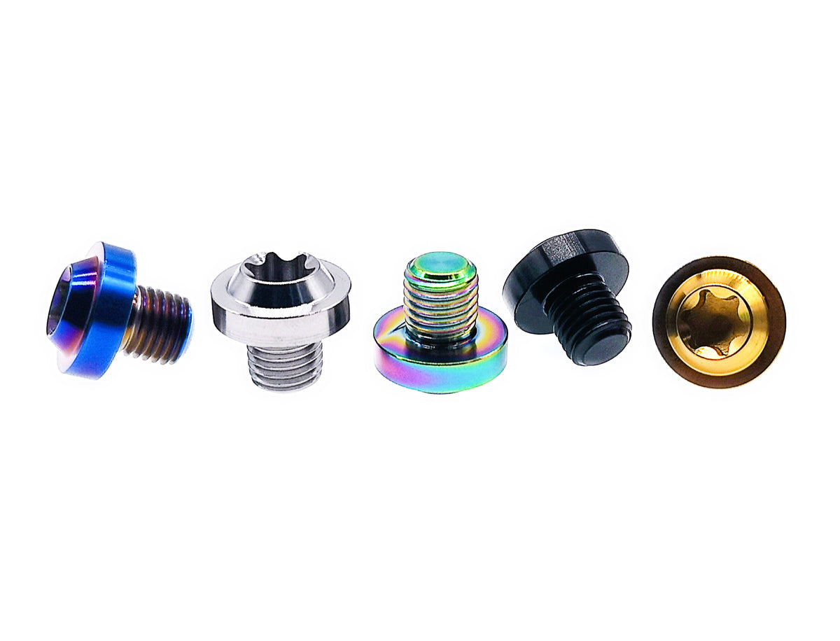 Titanium M10 Torx T50 saucer head bolts in blue, silver, rainbow, black and gold