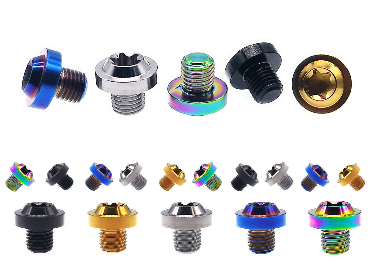 Titanium M10 flying saucer Torx T50 bolts in five anodized finishes, 1.5mm pitch