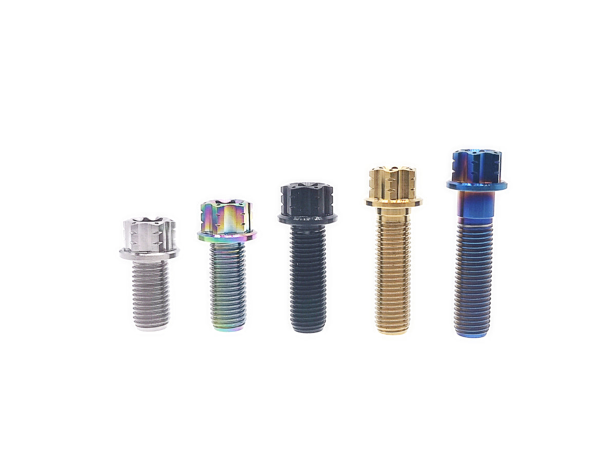 Titanium M10 flange Torx bolts in five finishes and increasing lengths, 20 to 40mm