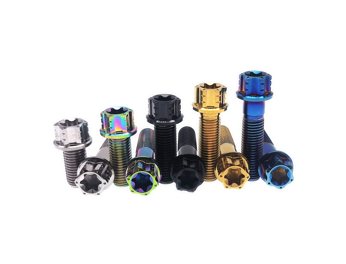 Titanium M10 flange Torx bolts showing head faces in five anodized finishes