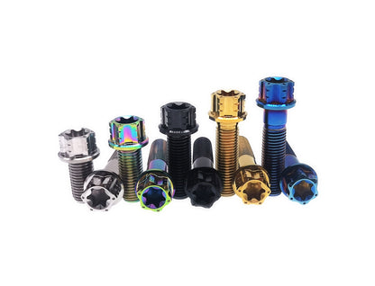 Titanium M10 flange Torx bolts showing head faces in five anodized finishes