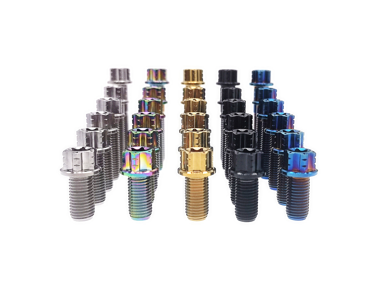 Full length range of titanium M10 flange Torx bolts grouped by anodized finish