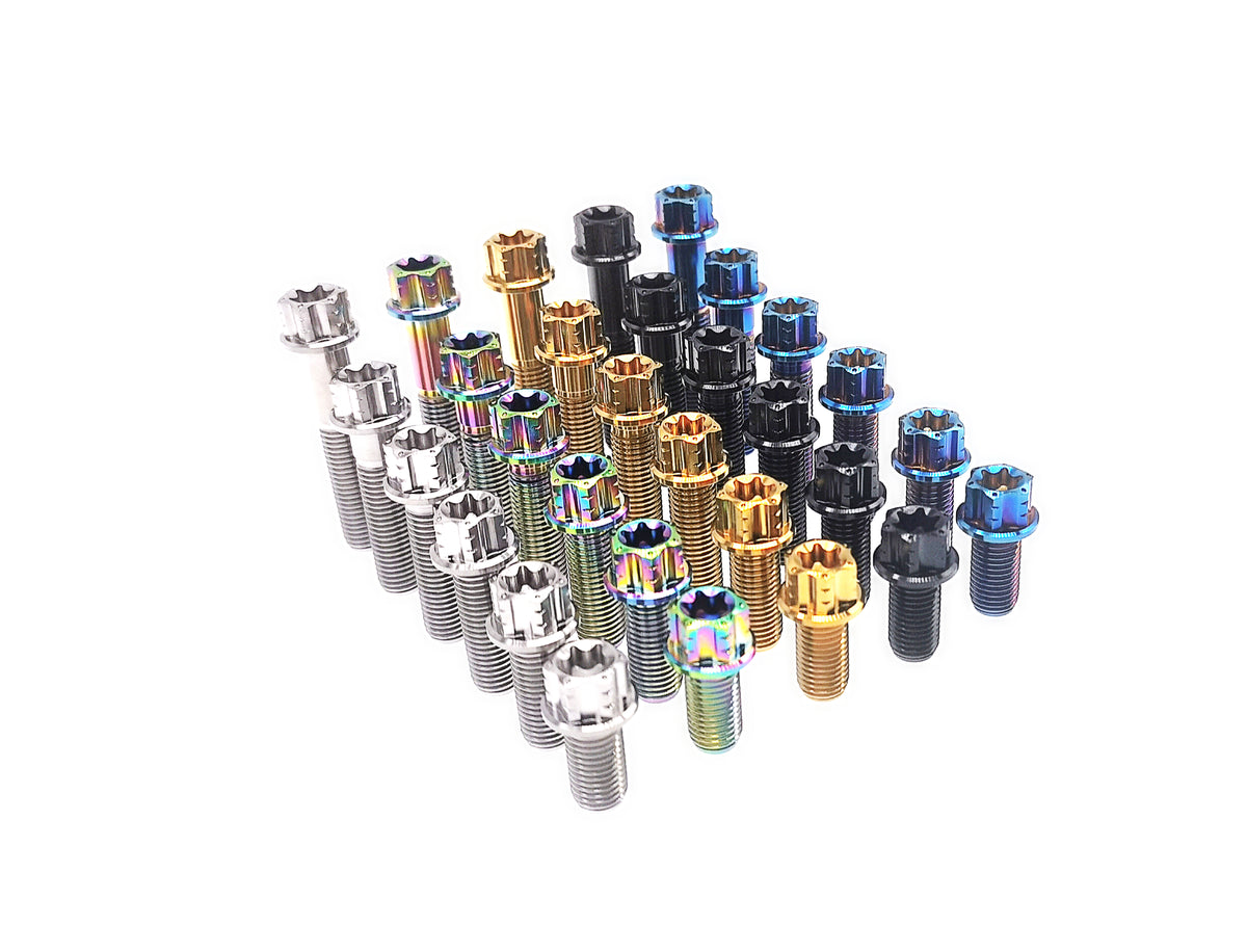 Titanium M10 flange Torx bolts, 20 to 70mm, arranged by length and finish
