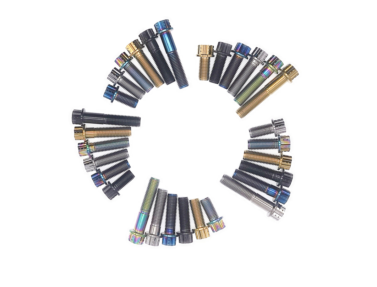 Titanium M10 flange Torx bolts fanned in a circle across five anodized finishes