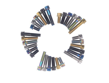 Titanium M10 flange Torx bolts fanned in a circle across five anodized finishes