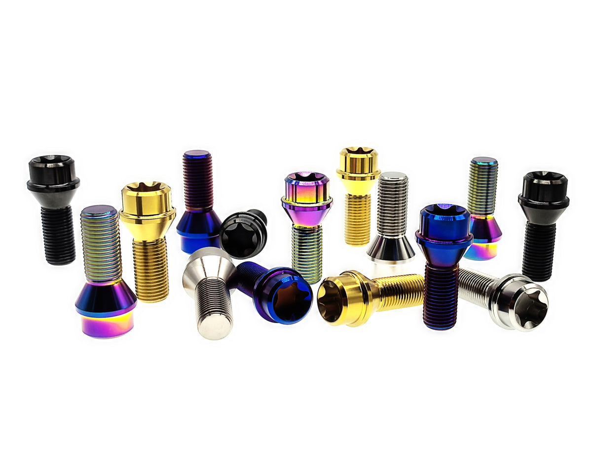 Tianswer titanium M12 conical seat lug bolts scattered in five anodized finishes
