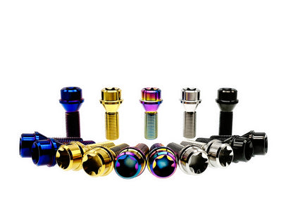Titanium M12 wheel lug bolts standing and face up with Torx T70 sockets visible
