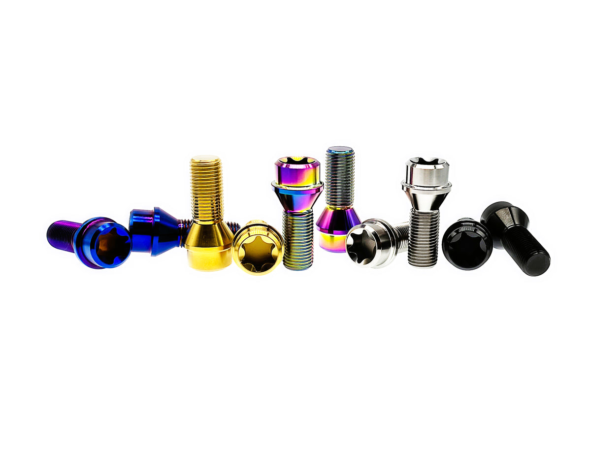Titanium M12 wheel lug bolts fanned out in Rainbow, Gold, Black and Burn Blue