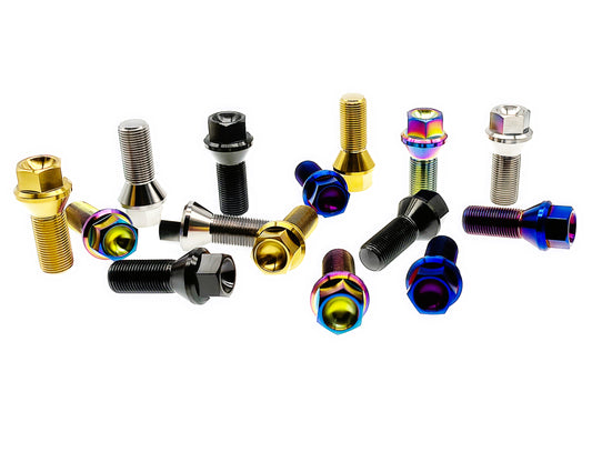 Titanium M12 conical seat lug bolts scattered in gold, blue, rainbow, silver and black