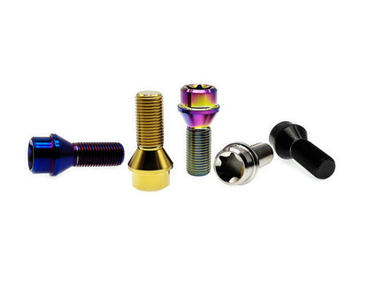 Five titanium M14 lug bolts leaning on a white background, conical seat heads