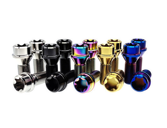 Titanium M14 conical seat lug bolts in Rainbow, Gold, Black, Burn Blue and silver