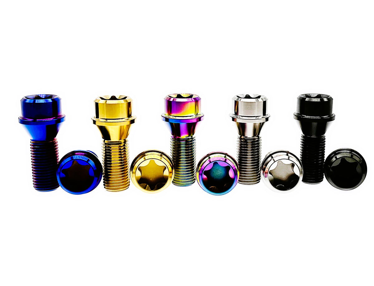 Tianswer titanium M14 conical seat lug bolts in five finishes with Torx T70 heads