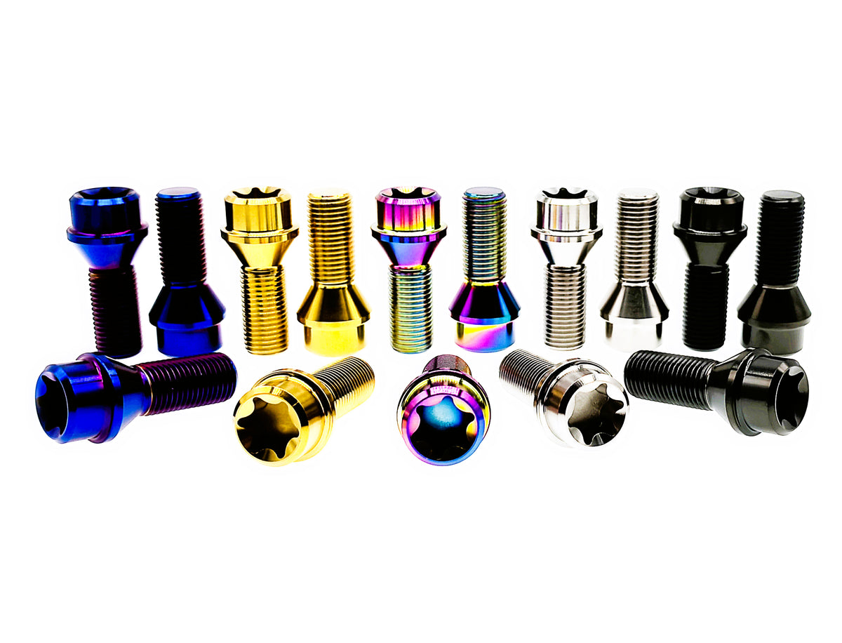 Titanium M14 lug bolts for German cars with Torx T70 heads facing forward