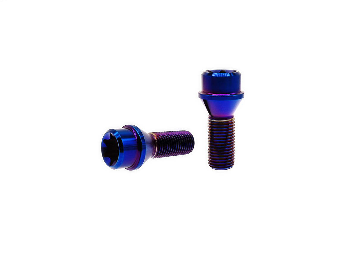 Burn Blue titanium M14 conical seat lug bolt for BMW wheels, Torx T70 head