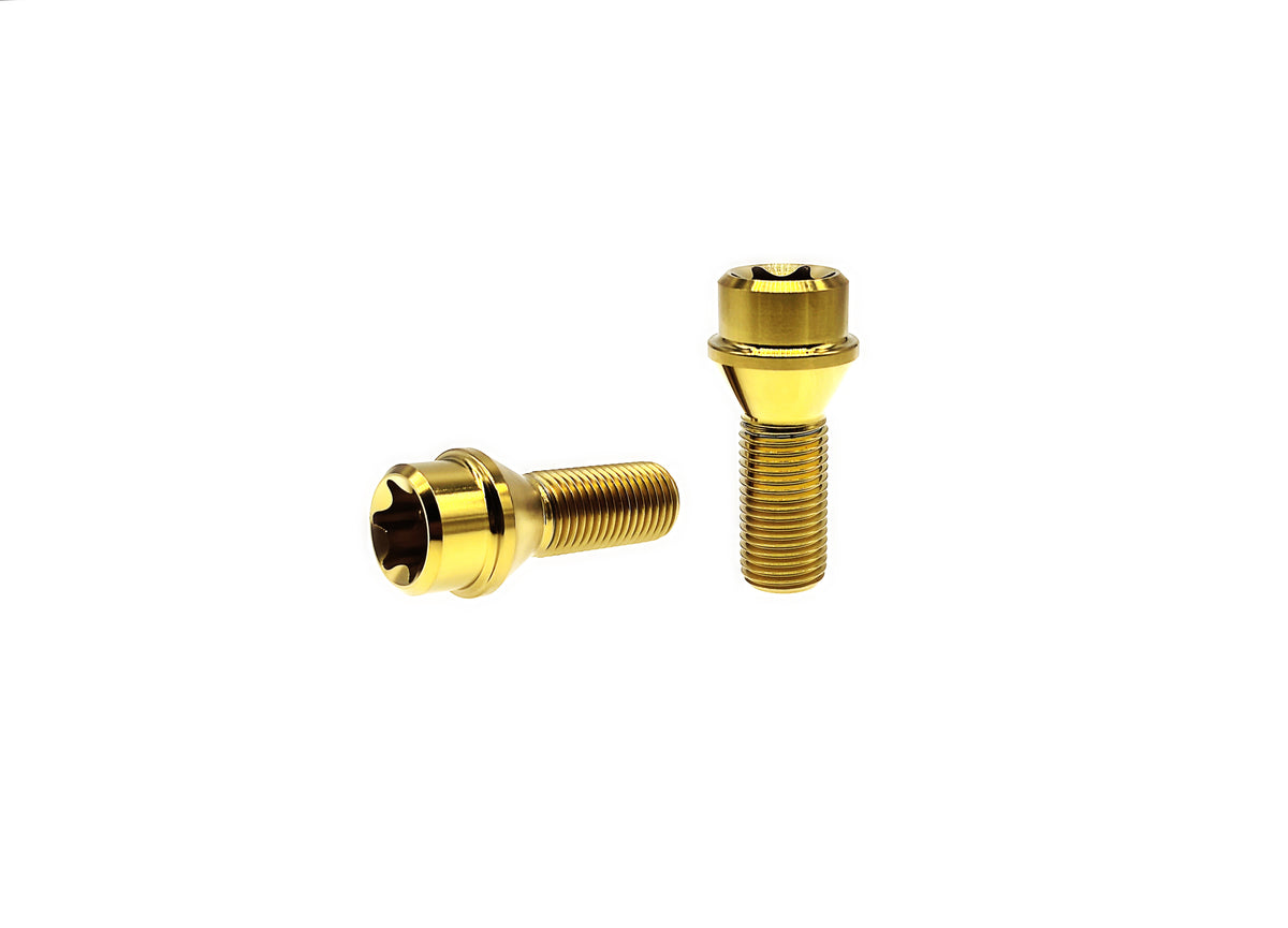 Gold anodized titanium M14 conical seat lug bolt with Torx T70 head for BMW