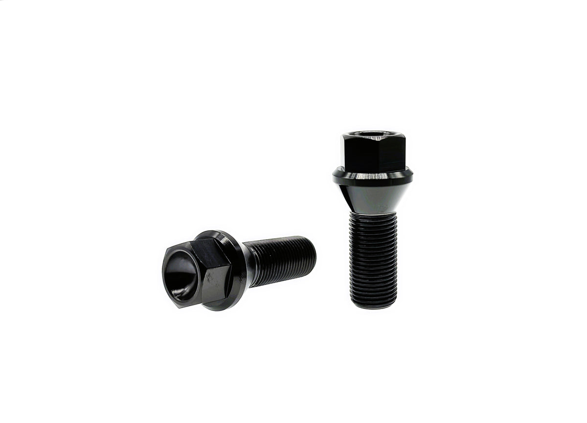 Black anodized titanium M14 conical seat lug bolt pair with hex head for BMW wheels