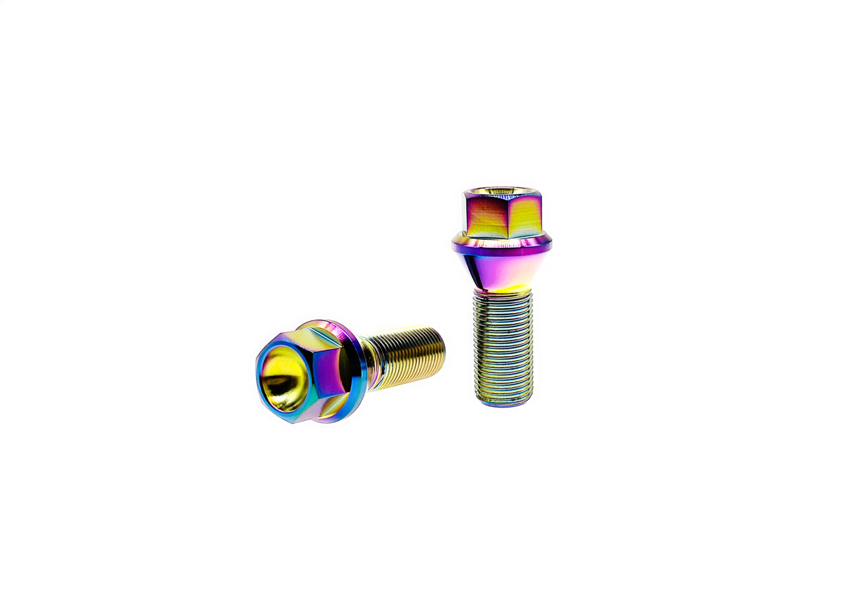 Rainbow anodized titanium M14 conical seat lug bolts for BMW alloy wheels