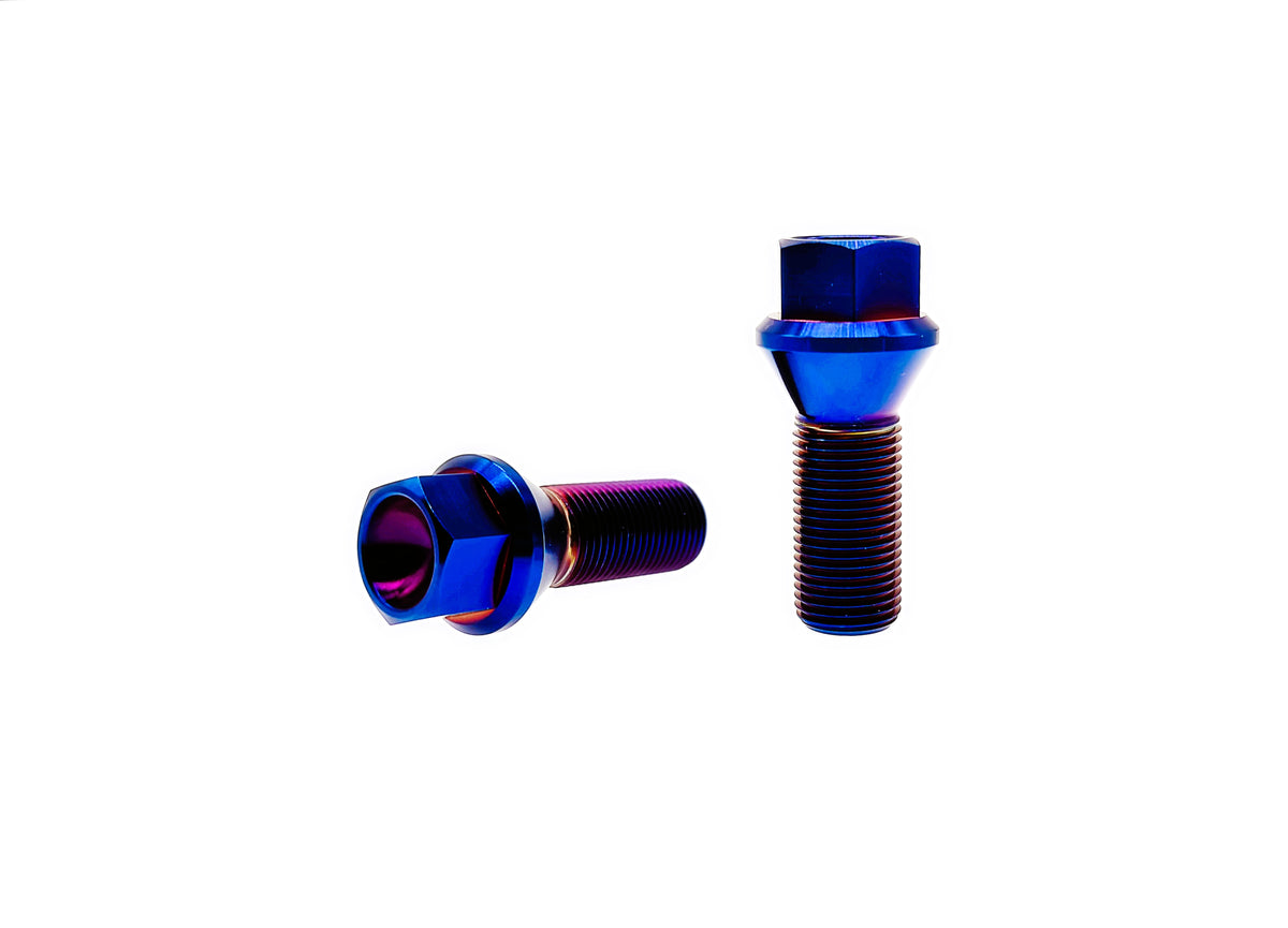 Burn Blue titanium M14 conical seat wheel lug bolts with hex head and tapered seat