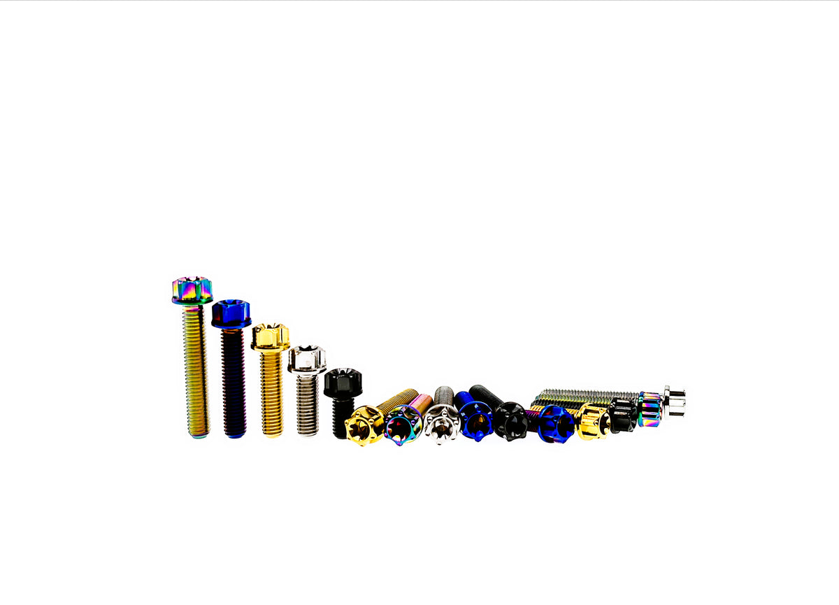 Titanium M5 flange Torx bolts arranged by length from 6mm up to 40mm