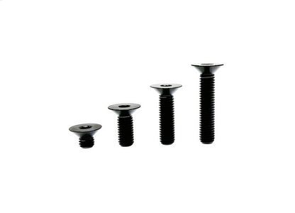 Black anodized titanium M5 DIN7991 countersunk hex socket bolts in four lengths