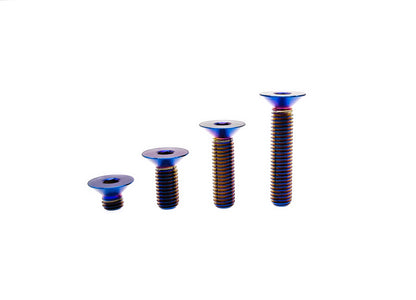 Burn Blue titanium M5 DIN7991 flat countersunk bolts in four ascending lengths
