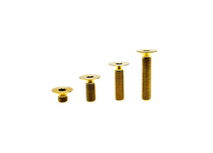 Gold anodized titanium M5 DIN7991 countersunk hex socket screws, four lengths