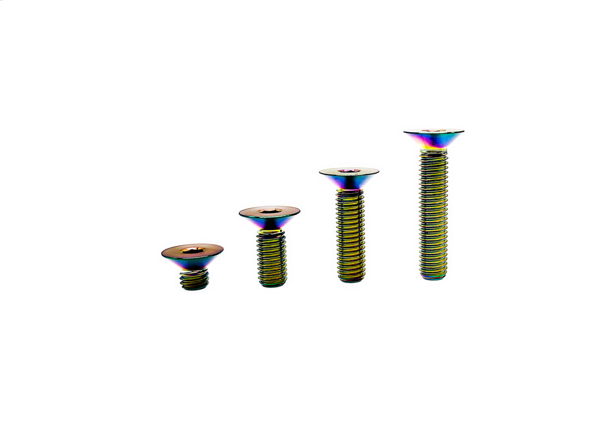 Rainbow anodized titanium M5 DIN7991 flat countersunk bolts in four lengths