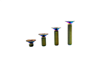 Rainbow anodized titanium M5 DIN7991 flat countersunk bolts in four lengths