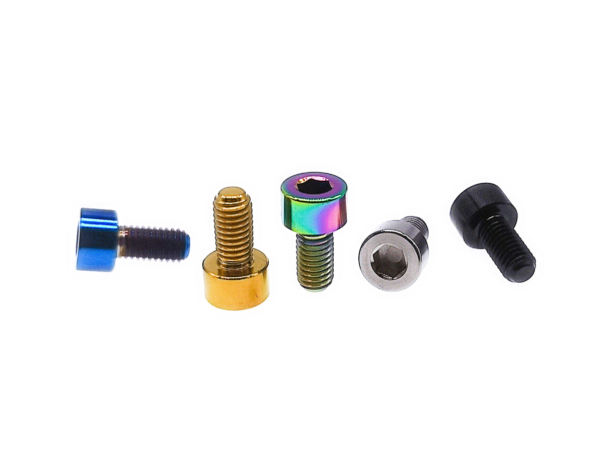 Short titanium M5 DIN912 socket cap screws in blue, gold, rainbow, silver and black